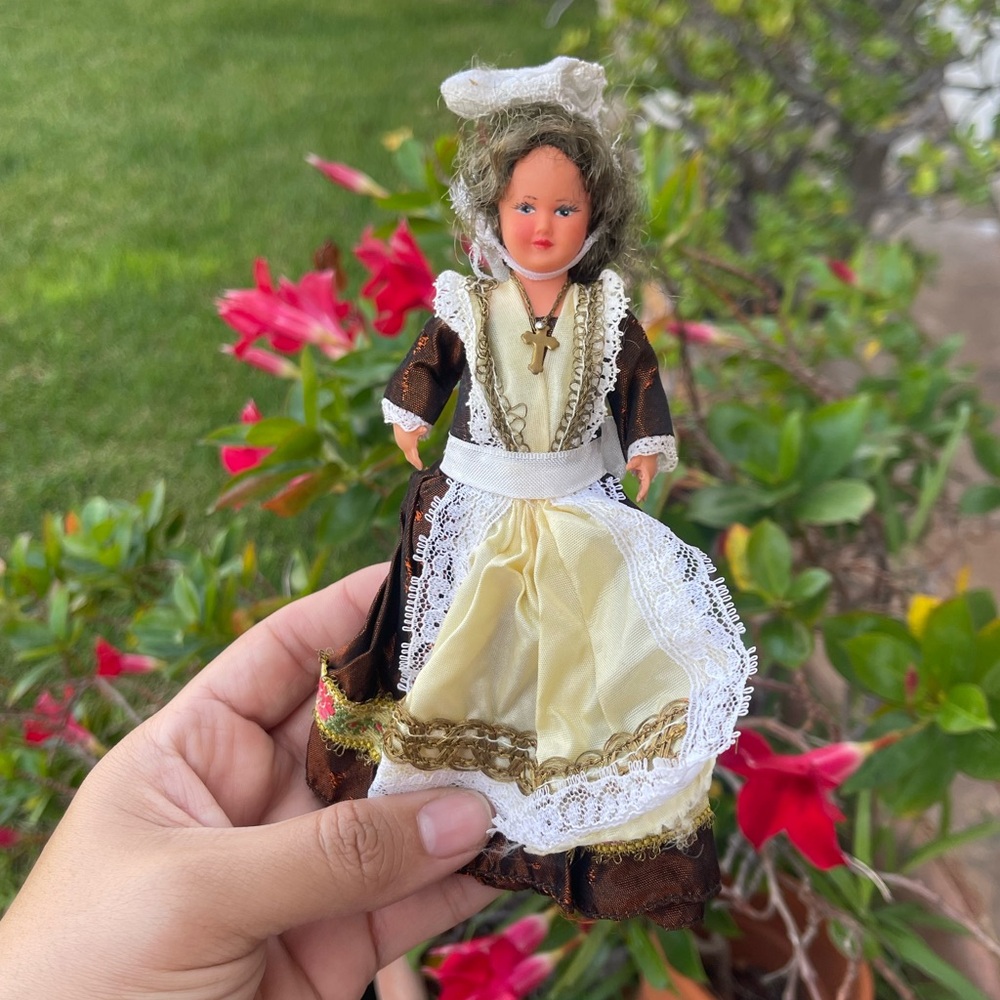 Vintage French? Doll with Lace Dress and Cross Necklace